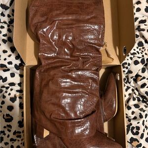 Brown Croc-Embossed Knee-High Boots